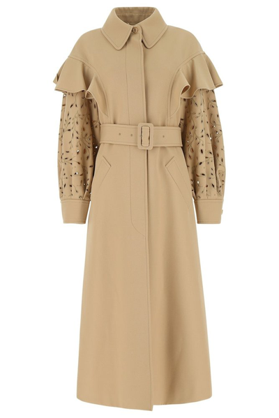 Shop Chloé Belted Ruffled Trench Coat In Beige