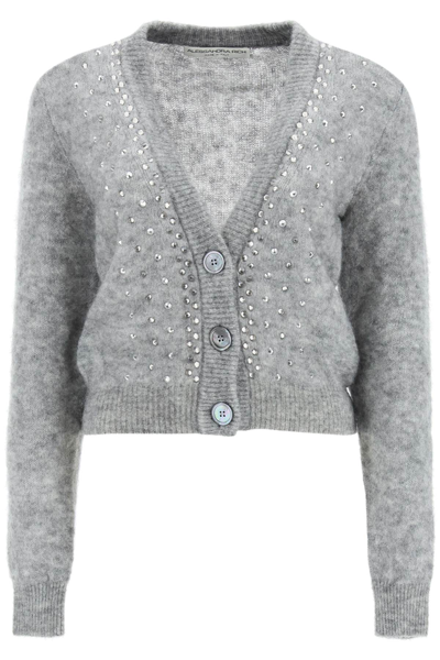 Shop Alessandra Rich Cardigan In Wool And Mohair With Crystals In Grey