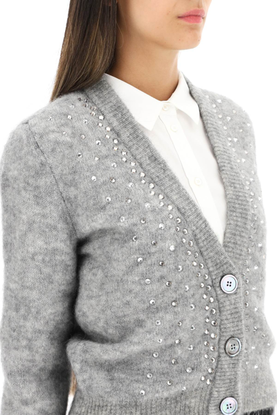 Shop Alessandra Rich Cardigan In Wool And Mohair With Crystals In Grey