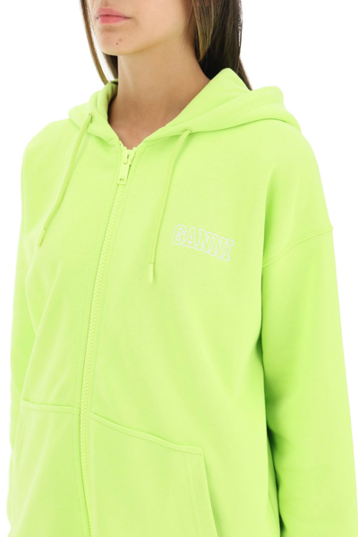 Shop Ganni Logo Hoodie With Zip In Green