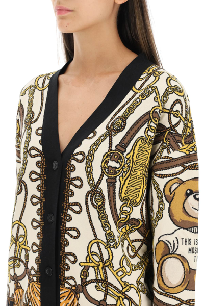 Shop Moschino Military Teddy Cotton Cardigan In Beige,brown