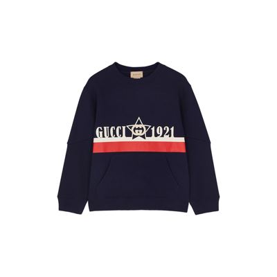 Shop Gucci Kids Navy Logo Cotton Sweatshirt In Navy & Other