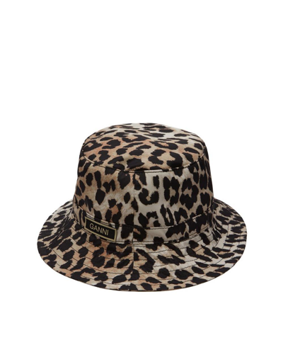 Shop Ganni Women's Recycled Tech Fabric Bucket Hat In Leopard