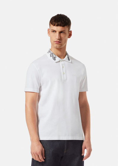 Shop Versace Barocco Embroidered Polo Shirt, Male, White, Xs