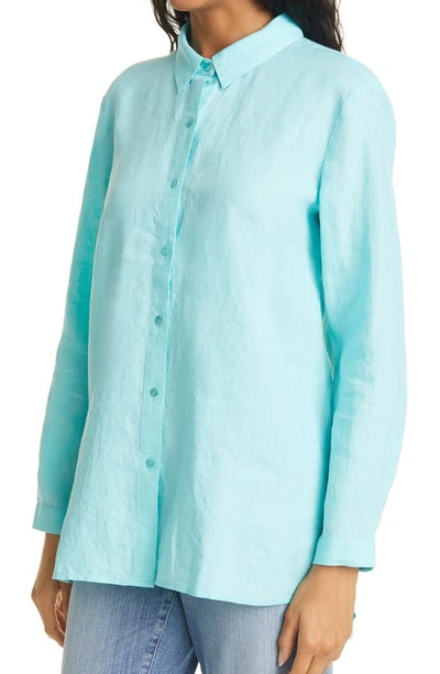 Shop Eileen Fisher Classic Boxy Organic Linen Shirt In Aqua