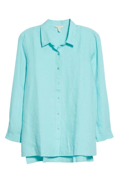 Shop Eileen Fisher Classic Boxy Organic Linen Shirt In Aqua