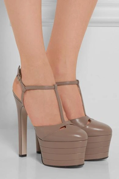 Shop Gucci Leather Platform Pumps In Taupe