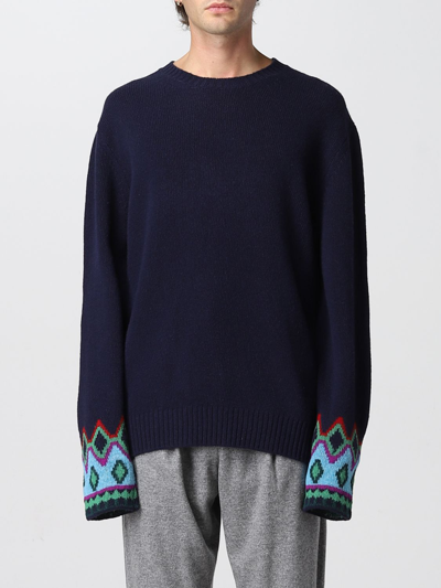 Shop Etro Wool Sweater With Jacquard Cuffs In Blue