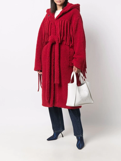 Stella Mccartney Fringe-trim Belted Long Teddy Coat In Red