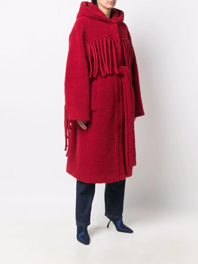 Stella Mccartney Fringe-trim Belted Long Teddy Coat In Red
