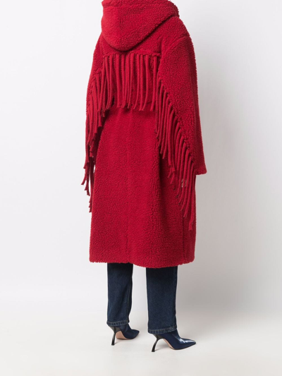 Stella Mccartney Fringe-trim Belted Long Teddy Coat In Red