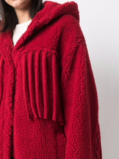 Stella Mccartney Fringe-trim Belted Long Teddy Coat In Red