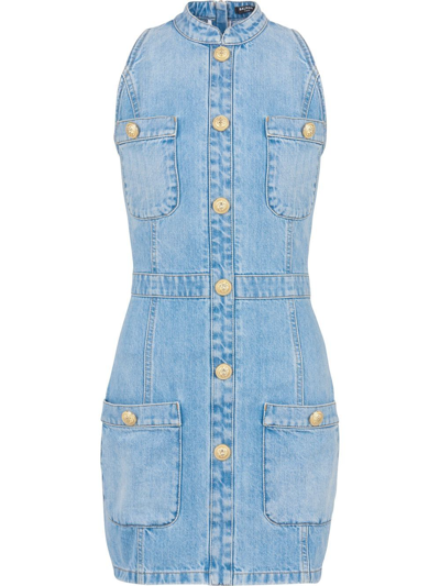 Balmain Button Detail Sleeveless Denim Minidress In Blue