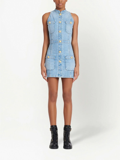 Shop Balmain Denim Fitted Mini Dress In Blue