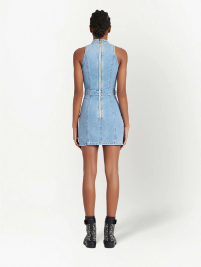 Shop Balmain Denim Fitted Mini Dress In Blue