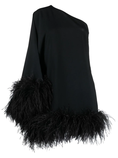 Taller Marmo Piccolo Ubud One-sleeve Feather-trimmed Crepe Mini Dress In Schwarz