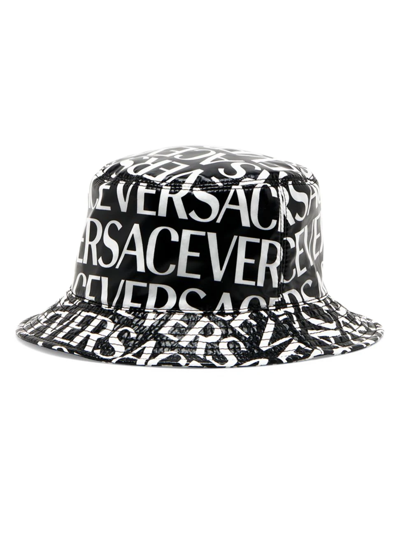 Shop Versace Women's  Logo Nylon Bucket Hat In Black White