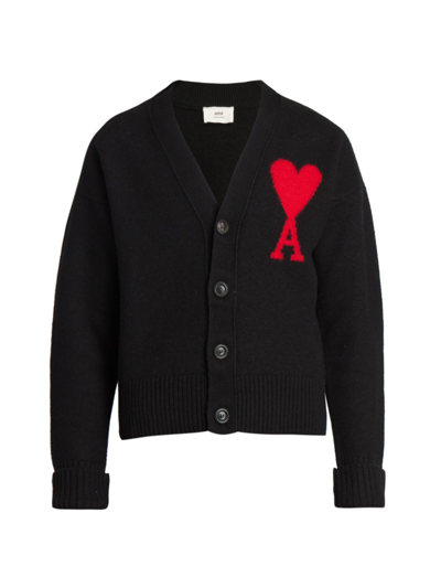 Shop Ami Alexandre Mattiussi Men's Embroidered Wool Cardigan In Noir Rouge