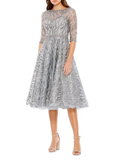 Shop Mac Duggal Women's Sequined Fit-&-flare Midi-dress In Platinum