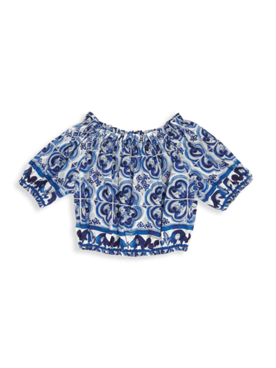 Shop Dolce & Gabbana Little Girl's & Girl's Off-the-shoulder Printed Cotton Top In Blue