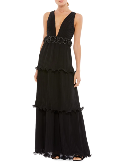 Shop Mac Duggal Women's Ieena Pleated Ruffle-trim Gown In Black