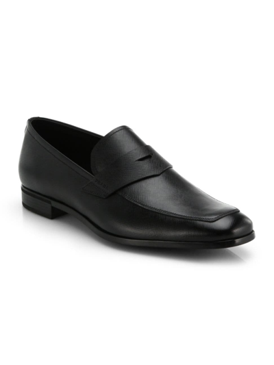 Shop Prada Men's Saffiano Leather Penny Loafers In Black