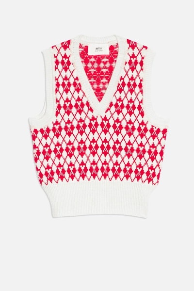 Shop Ami Alexandre Mattiussi Jacquard V Neck Sweater In Red