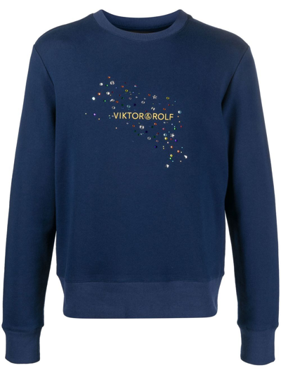 Shop Viktor & Rolf Rhinestone-logo Cotton Sweatshirt In Blue