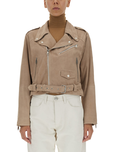 Arma Belted-waist Asymmetrical-zip Jacket In Beige