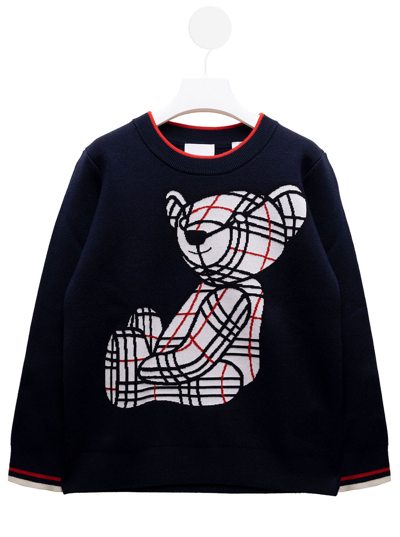 Shop Burberry Roberto Blue Wool Sweater With Bear Detail  Kids Boy