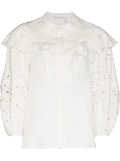 Shop Chloé Broderie-anglaise Ruffled Blouse In Weiss