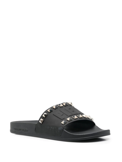 Shop Philipp Plein Stud-detail Embossed-logo Slides In Schwarz