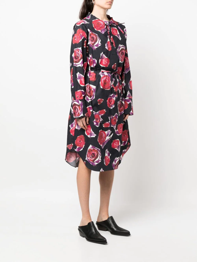 Shop Marni Rose-print Tie-waist Dress In Schwarz