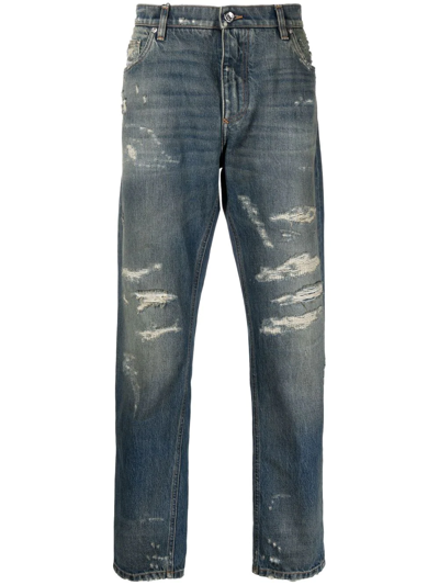 Shop Dolce & Gabbana Distressed Straight-leg Jeans In Blau