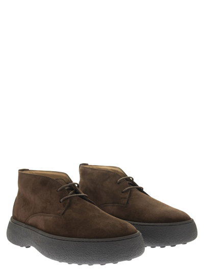 Tod's Brown Suede Desert Boots With Lace-up Closure And Gommini Sole In Brown