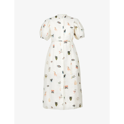 Shop Alemais Hera Graphic-print Linen Midi Dress In Ivory