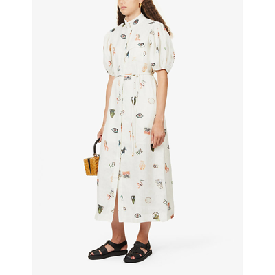 Shop Alemais Hera Graphic-print Linen Midi Dress In Ivory