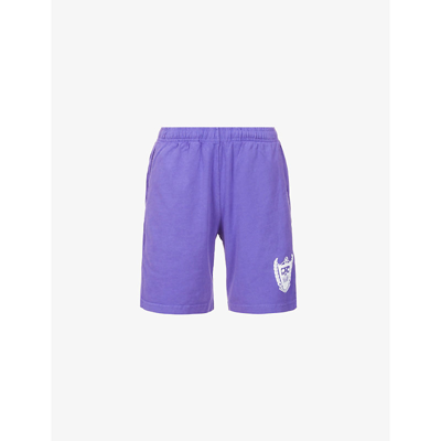 Shop Sporty And Rich Beverly Hills Brand-printed High-rise Cotton-jersey Shorts In Purple White