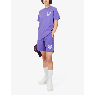 Shop Sporty And Rich Beverly Hills Brand-printed High-rise Cotton-jersey Shorts In Purple White