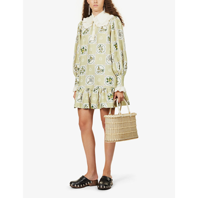 Shop Alemais Sofia Graphic-print Cotton And Linen-blend Mini Dress In Olive