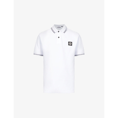 Shop Stone Island Compass Logo-badge Stretch-cotton Piqué Polo Shirt In White