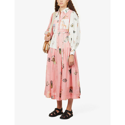 Shop Alemais Cleo Graphic-print Linen Midi Dress In Pink