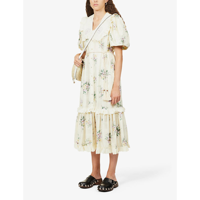 Shop Alemais Margot Floral-print Cotton And Linen-blend Midi Dress In Cream