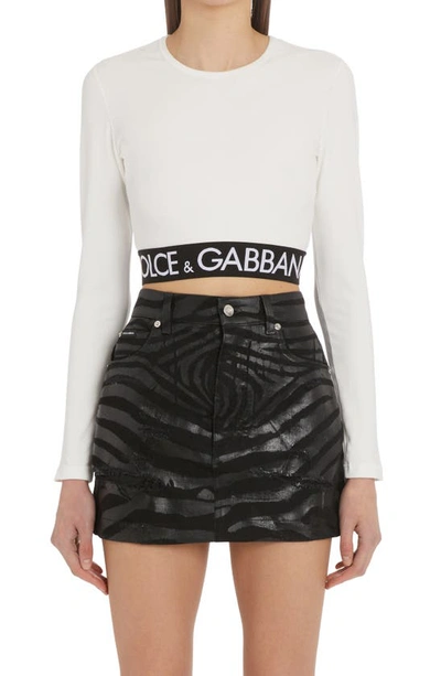 Shop Dolce & Gabbana Logo Waistband Long Sleeve Stretch Cotton Crop Top In W0111 Bianco