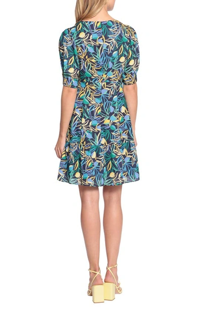 Shop Donna Morgan For Maggy Twist Front Puff Sleeve Dress In Navy/ Yellow