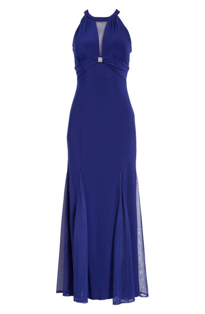 Morgan & Co. Cleo Crystal Detail Open Back Gown In Electric Blue