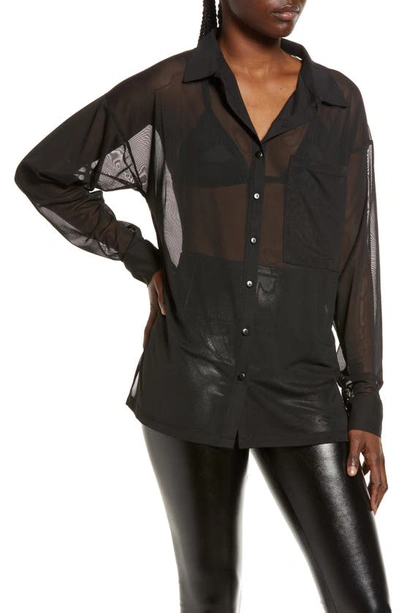 Shop Asos Design Mesh Oversize Button-up Shirt In Black