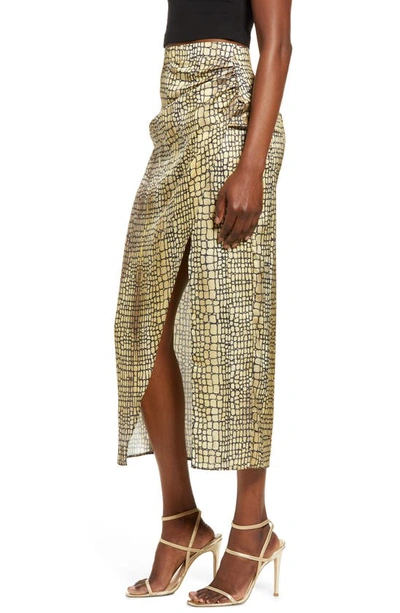 Shop Asos Design Croc Print Faux Wrap Satin Midi Skirt In Multi