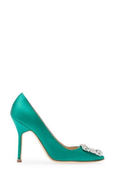 Shop Manolo Blahnik Hangisi Crystal Buckle Pump In Green