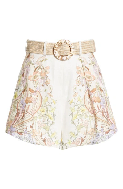 Shop Zimmermann Floral Print Belted Linen Shorts In Floral Swirl